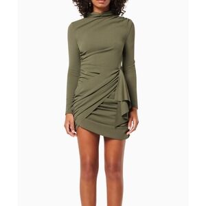 Elliatt Entertain Mini Long Sleeve Dress Olive Green Mock Neck Crepe Size S
